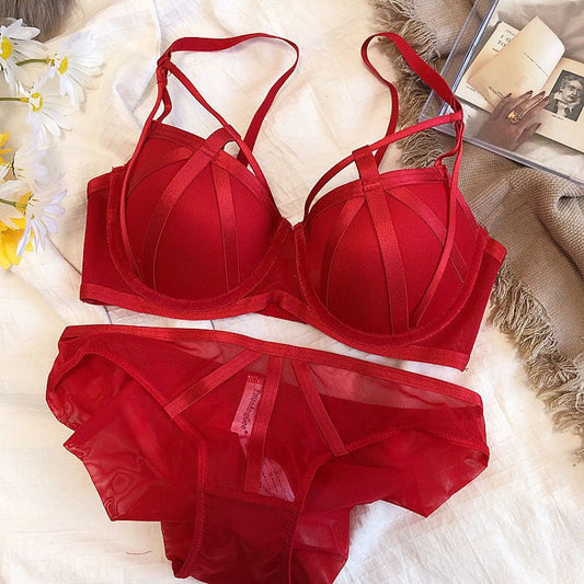 Shezaib Stylish Sexy Front Cross Strips Padded Wired Bra & Panty Set 0001