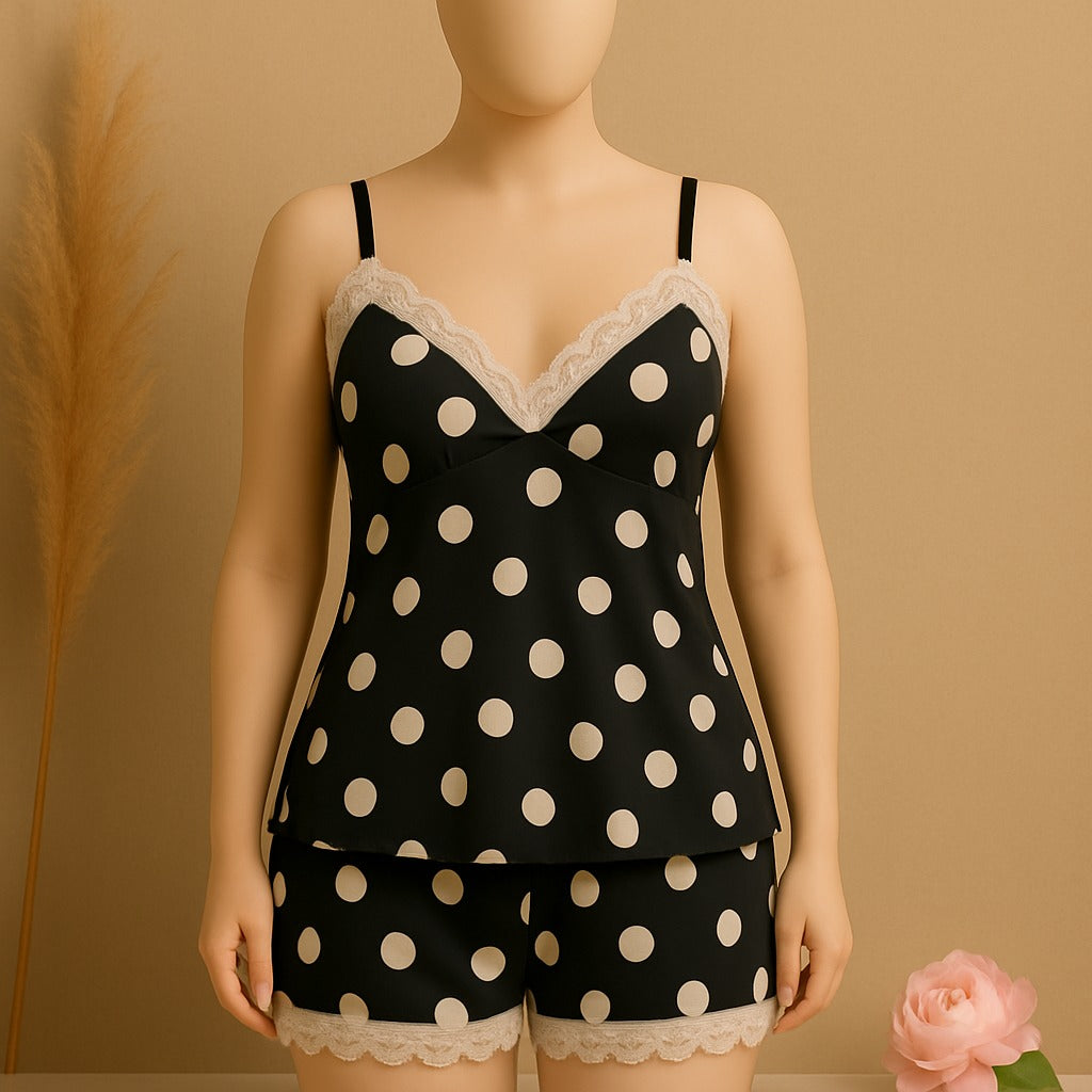 Shezaib Silk Pajamas For Women Sexy Lingerie Lace Trim Camisole And Shorts Polka Dot Sleepwear Home Wear 816