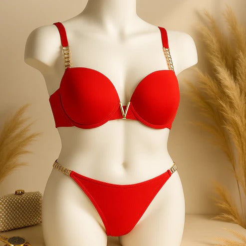 Shezaib High Quality New Style Chain Straps Front Metal V buckel Bra & Panty Set 195