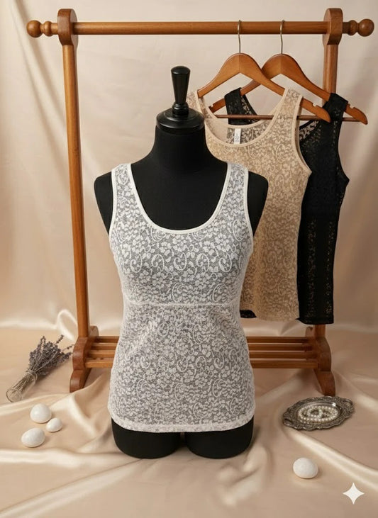 Pack of 3 Lace Camisole Tank Tops for Women – Premium Soft Stretch Innerwear, Elegant Floral Lace Design, Comfortable Skin, Black & White