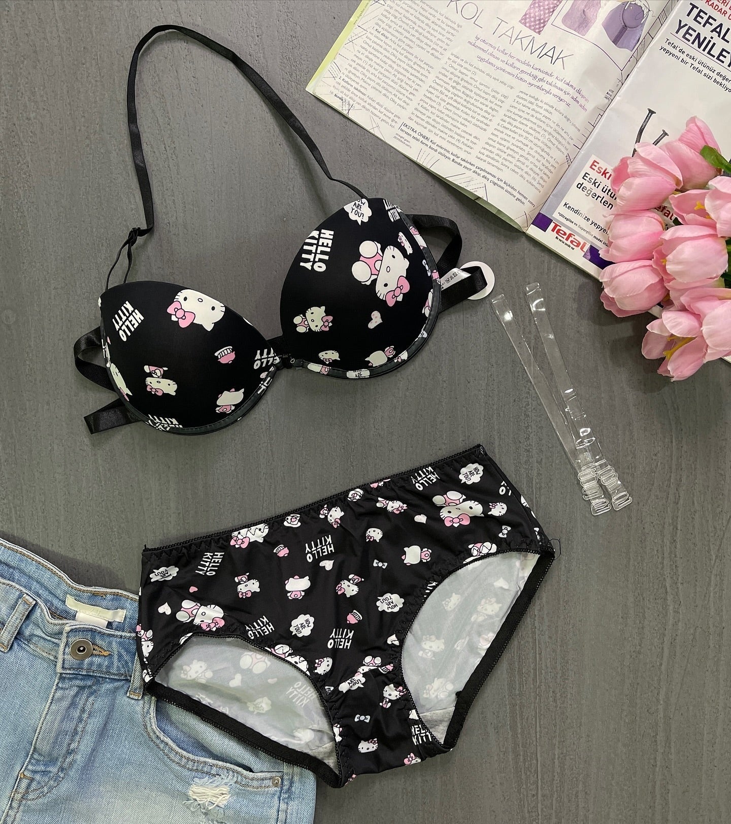 Shezaib High Quality Front Open 4 In 1 Push-up Hello Kitty Print Adjustable Straps Bra Panty Set 016