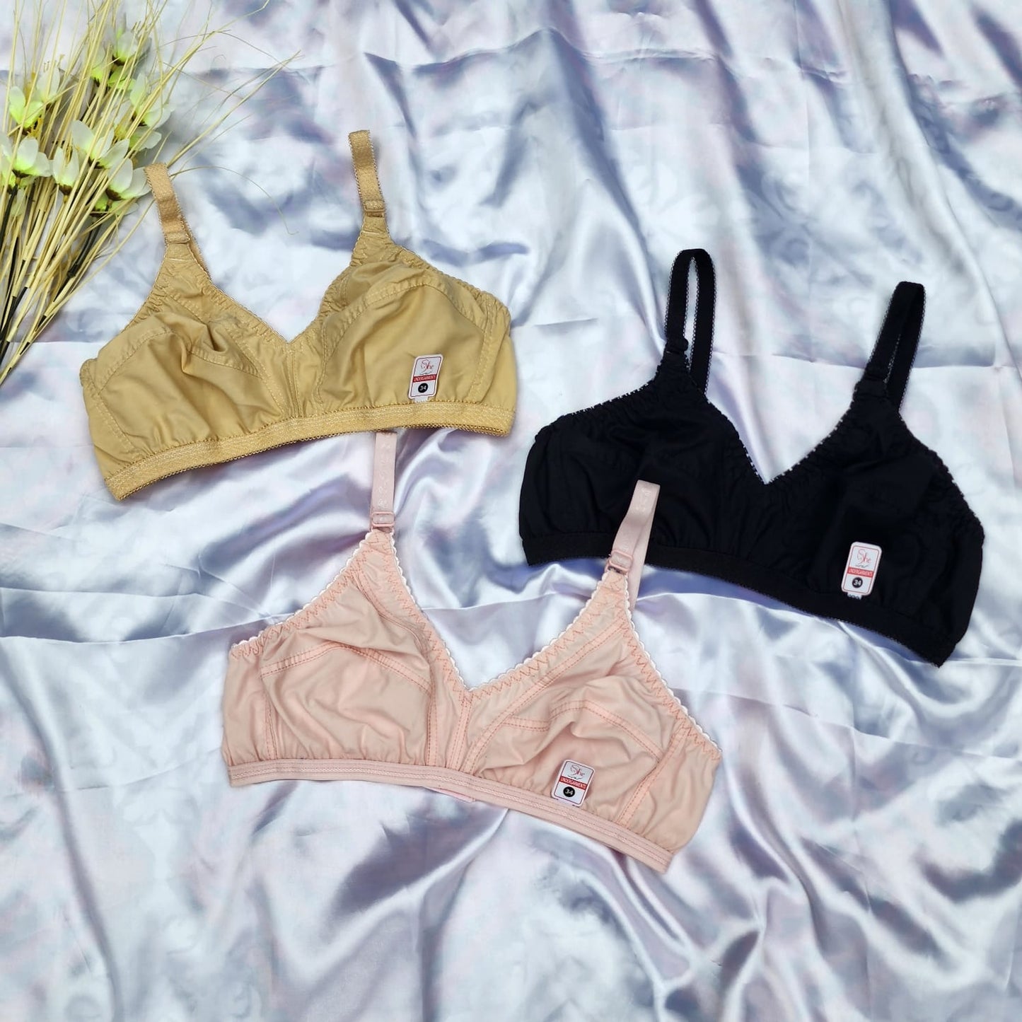 Shezaib pack of 3 cotton non-padded bras in black, pink and skin colors