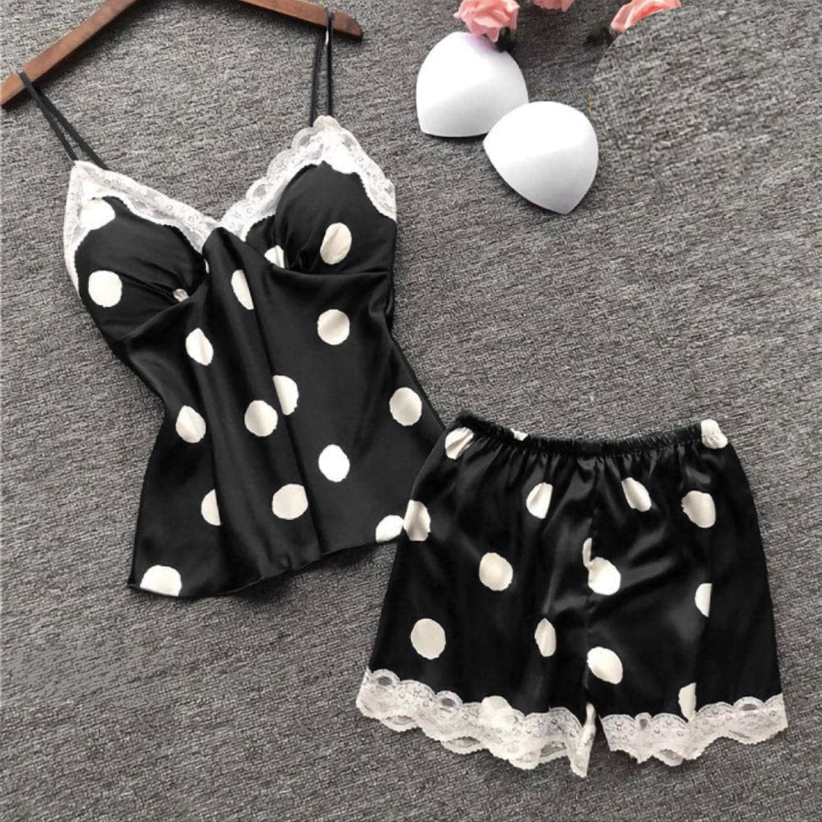 Shezaib Silk Pajamas For Women Sexy Lingerie Lace Trim Camisole And Shorts Polka Dot Sleepwear Home Wear 816