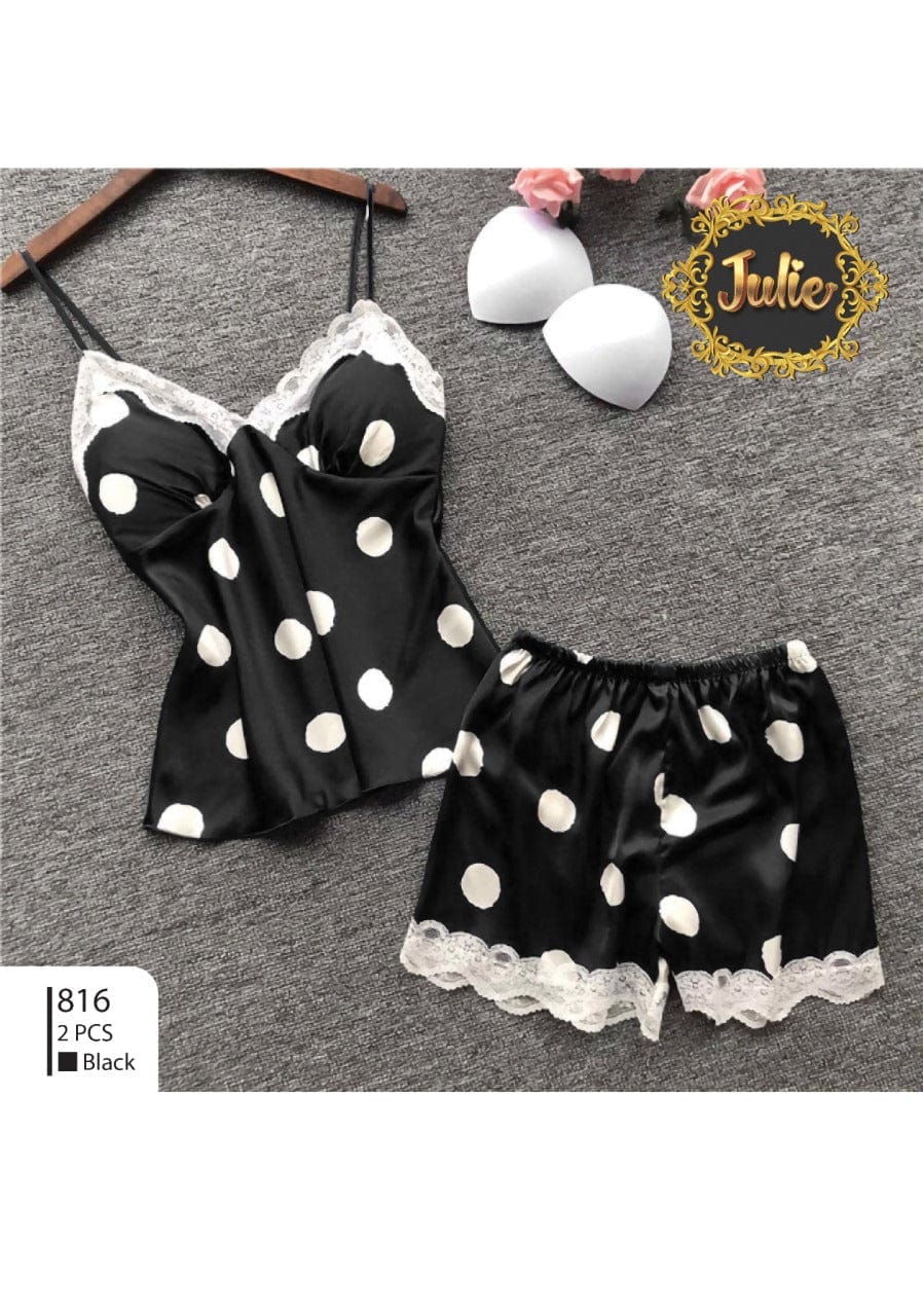 Shezaib Silk Pajamas For Women Sexy Lingerie Lace Trim Camisole And Shorts Polka Dot Sleepwear Home Wear 816