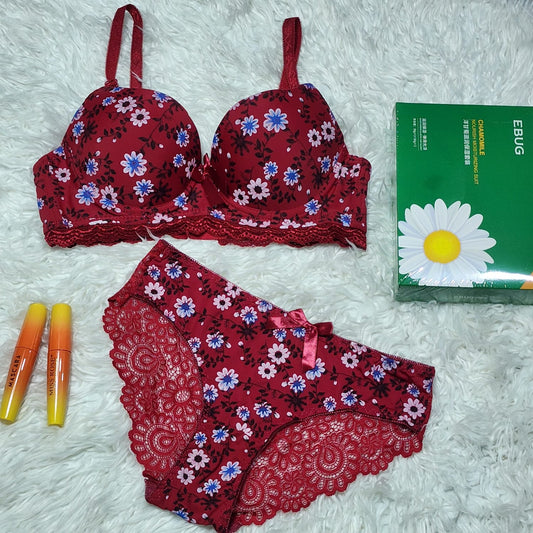 Shezaib Cute Flower Printed Underwired Adjustable Straps Push Up Bra And Panty Set 7035