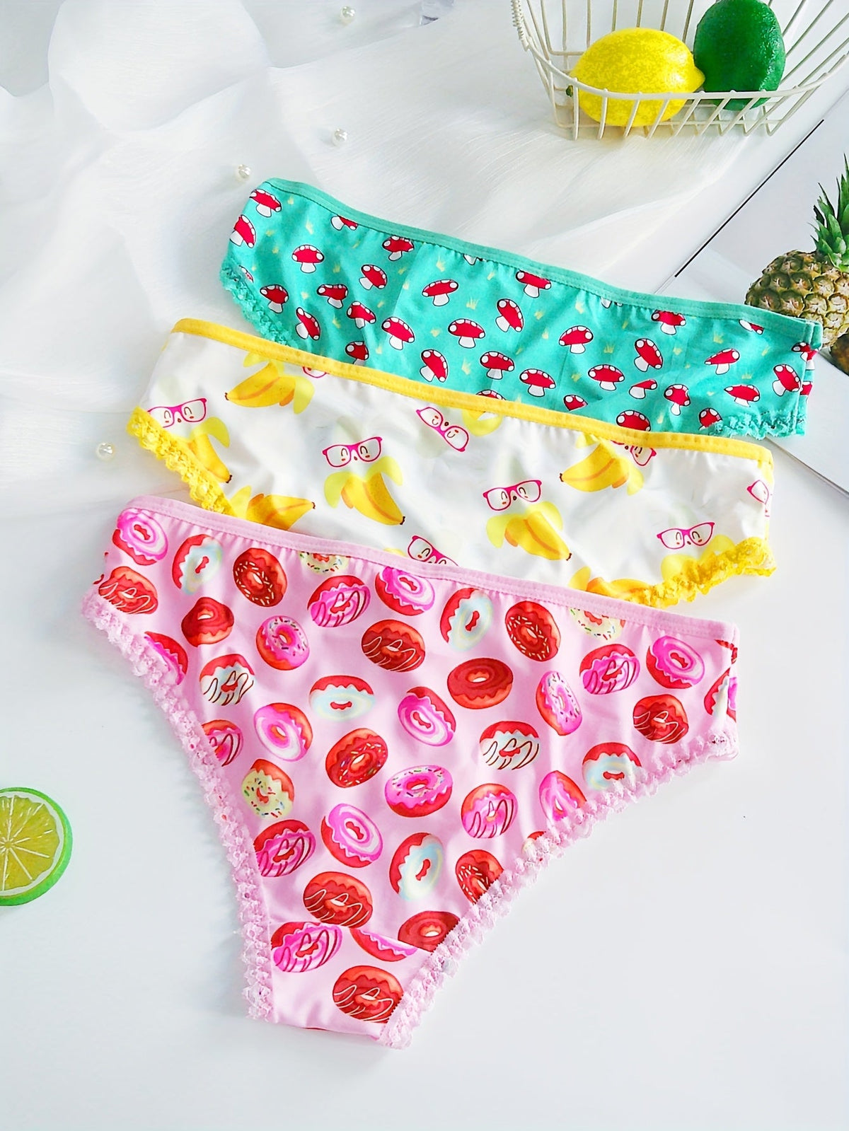 Pack of 3 Cute Fruit & Dessert Print  Multi-Color Low-Waist Briefs -2030