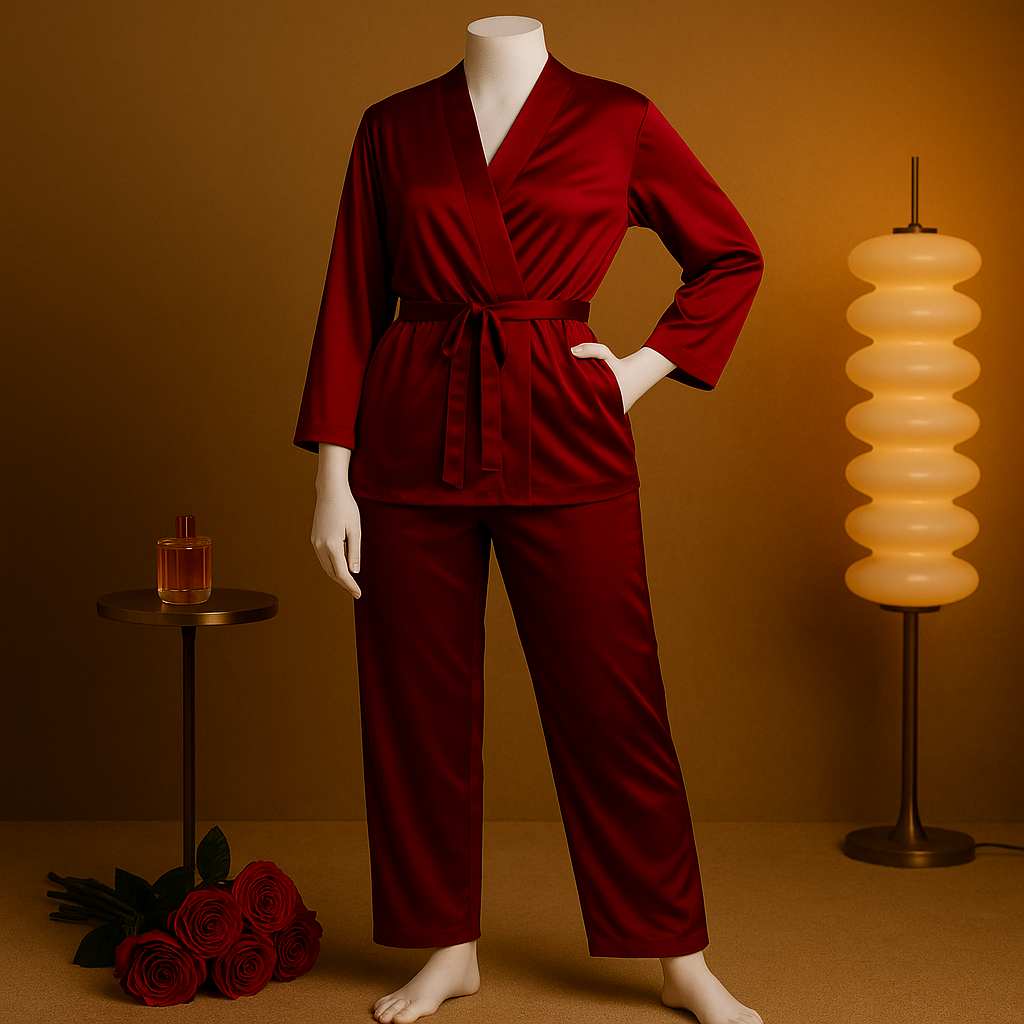 Shezaib Satin Robe Nightwear Set – Elegant Black 2-Piece Loungewear with Waist Belt