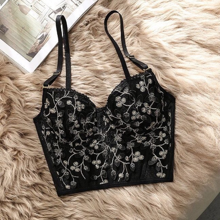 Shezaib  Lux Embroidered Black Mesh Bralette & Panty Set – Gold Floral Detailing | Elegant Lingerie for Women