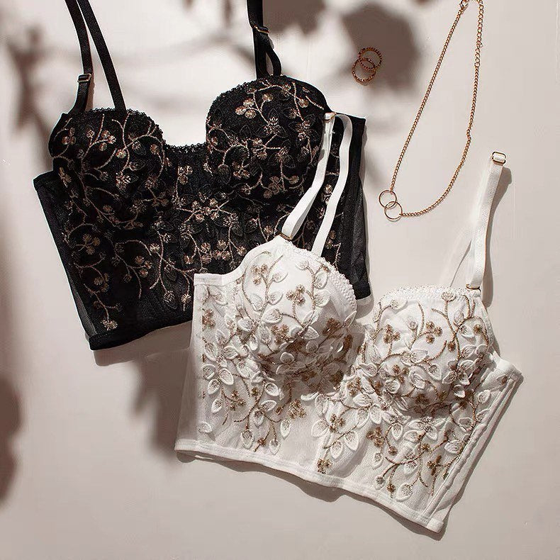 Shezaib  Lux Embroidered Black Mesh Bralette & Panty Set – Gold Floral Detailing | Elegant Lingerie for Women