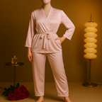 Shezaib Satin Robe Nightwear Set – Elegant Black 2-Piece Loungewear with Waist Belt