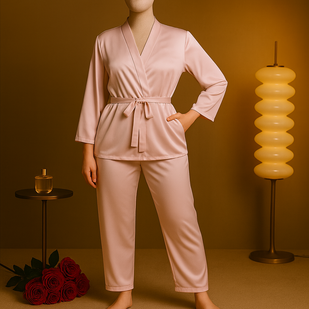 Shezaib Satin Robe Nightwear Set – Elegant Black 2-Piece Loungewear with Waist Belt