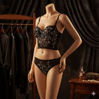 Shezaib  Lux Embroidered Black Mesh Bralette & Panty Set – Gold Floral Detailing | Elegant Lingerie for Women