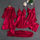 Shezaib 5 pcs Non Padded Pure Silk Pajama Set Cami Top Nightgown Sexy Sleepwear Robe Sets Lace Nightdress