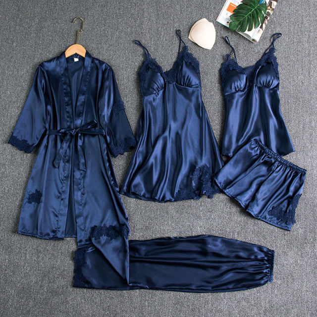 Shezaib 5 pcs Non Padded Pure Silk Pajama Set Cami Top Nightgown Sexy Sleepwear Robe Sets Lace Nightdress