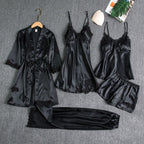 Shezaib 5 pcs Non Padded Pure Silk Pajama Set Cami Top Nightgown Sexy Sleepwear Robe Sets Lace Nightdress