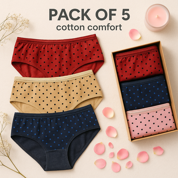 Shezaib 5 piece polka dot design cotton panties for women in different colors