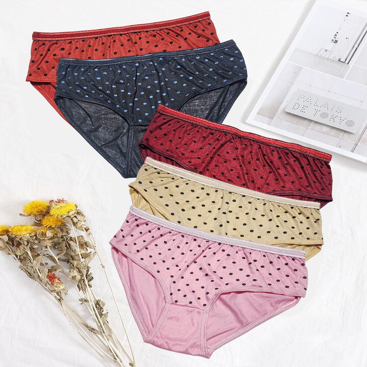 Shezaib 5 piece polka dot design cotton panties for women in different colors, image 2