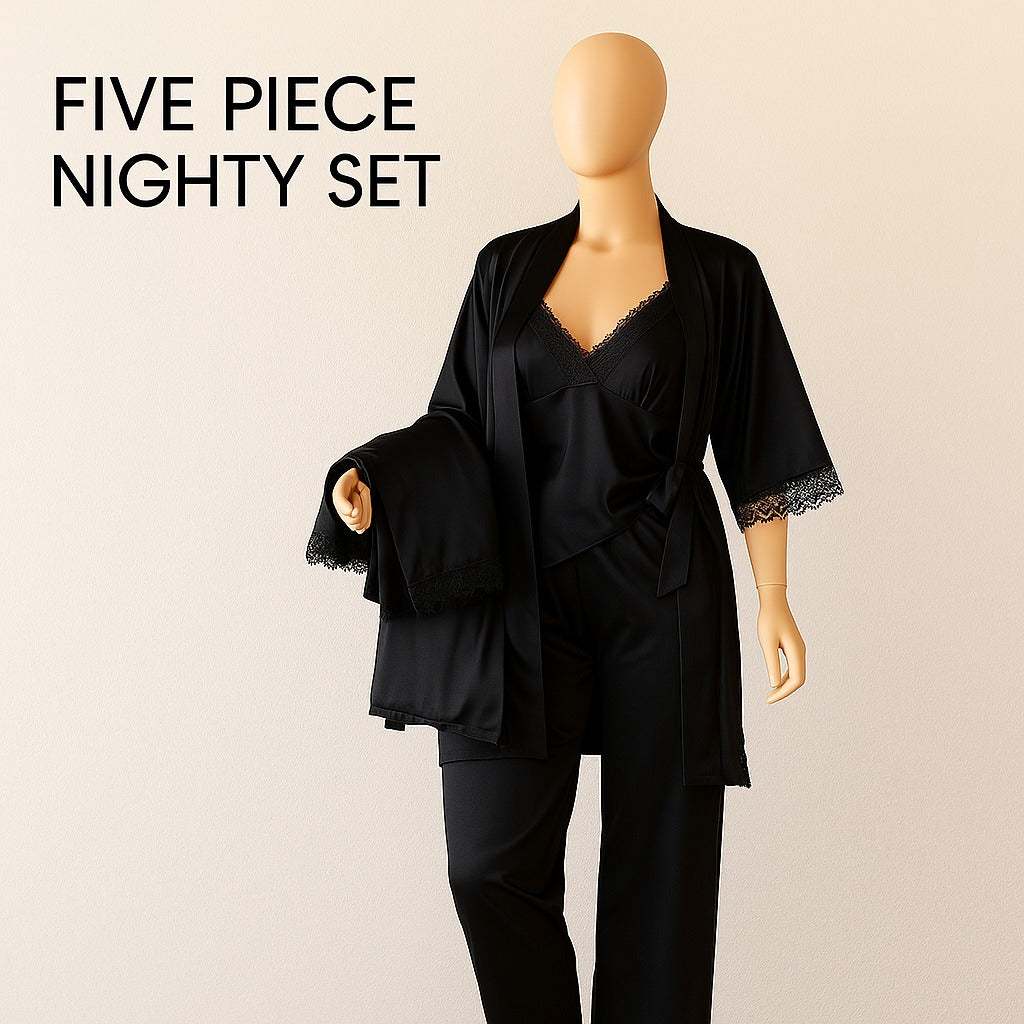 Shezaib women's 5 piece silk nighty set in black color