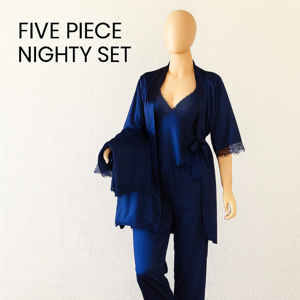 Shezaib women's 5 piece silk nighty set in blue color
