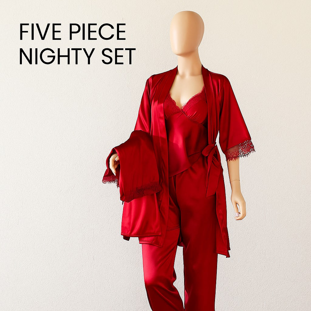 Shezaib women's 5 piece silk nighty set in red color
