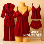 Shezaib 5-piece red nighty set on a mannequin