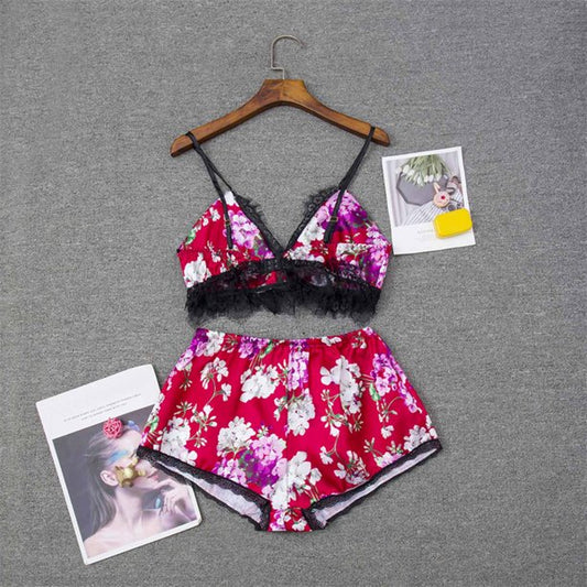 Shezaib 2 Pcs Floral Printed Cute Outline Lace Silk Short Nightwear Lingeries Set For Girls / Women 6069