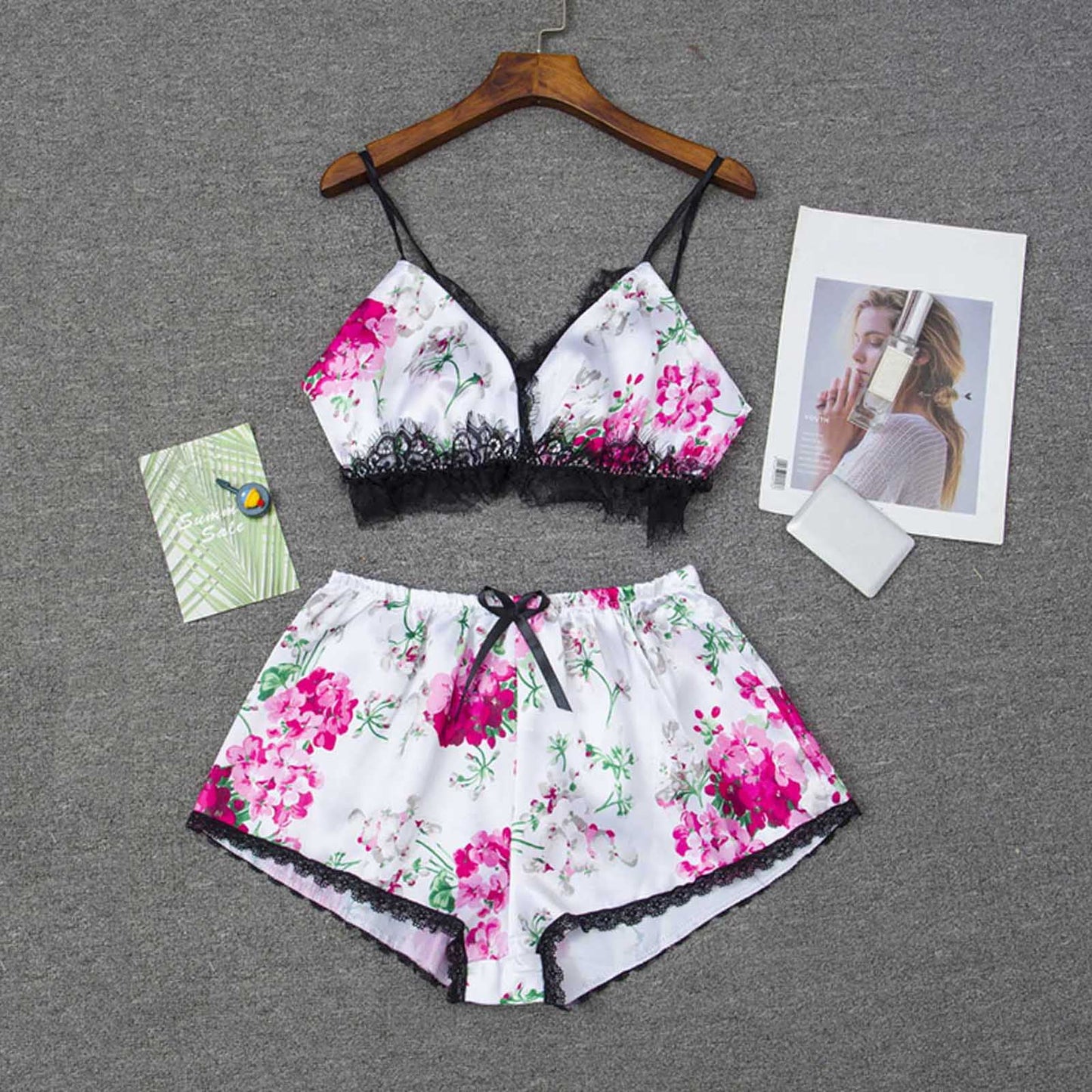 Shezaib 2 Pcs Floral Printed Cute Outline Lace Silk Short Nightwear Lingeries Set For Girls / Women 6069