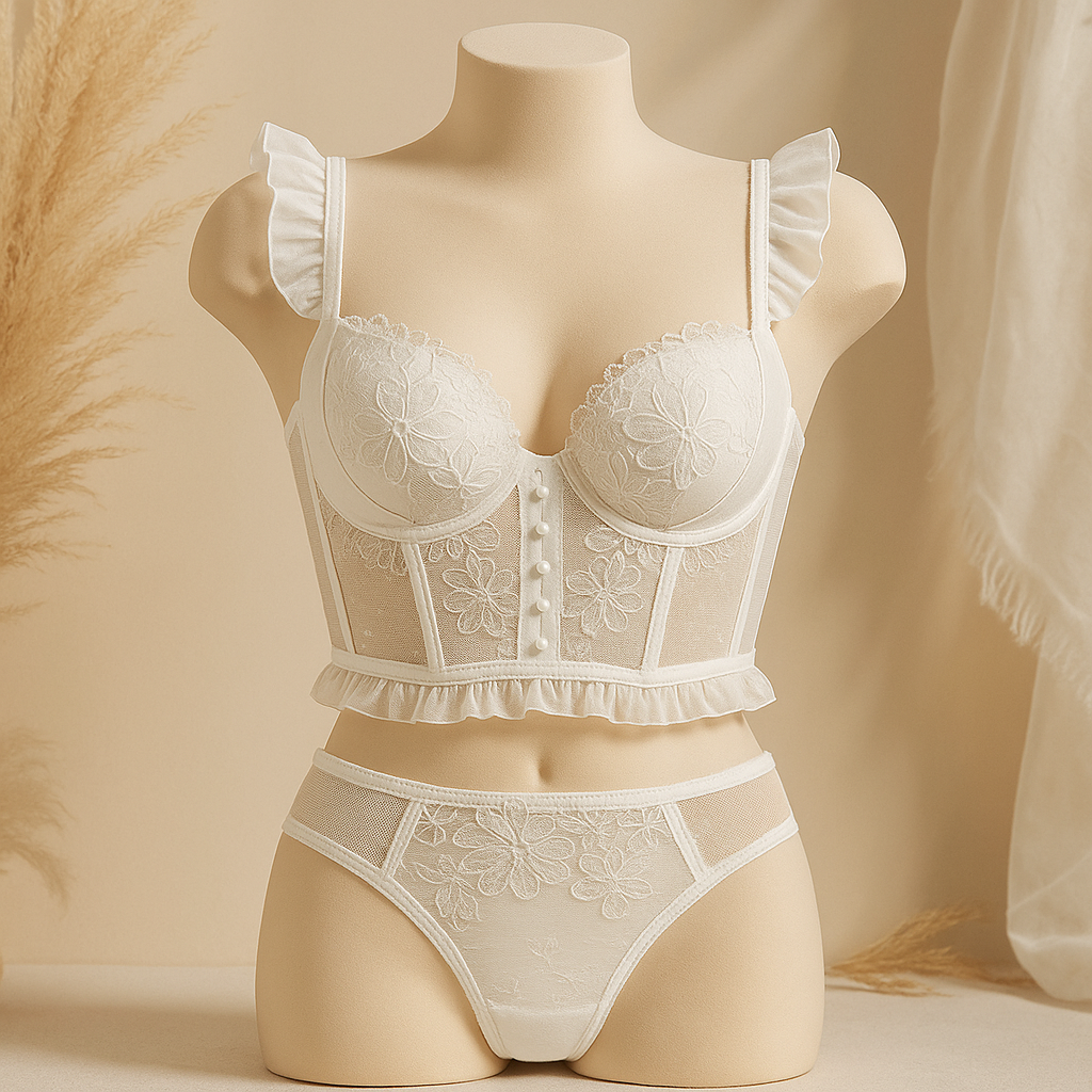 Flourish Luxury Lace Corset Bra & Panty Set | Lightly Padded Underwired Cups with Elegant Floral Detailing