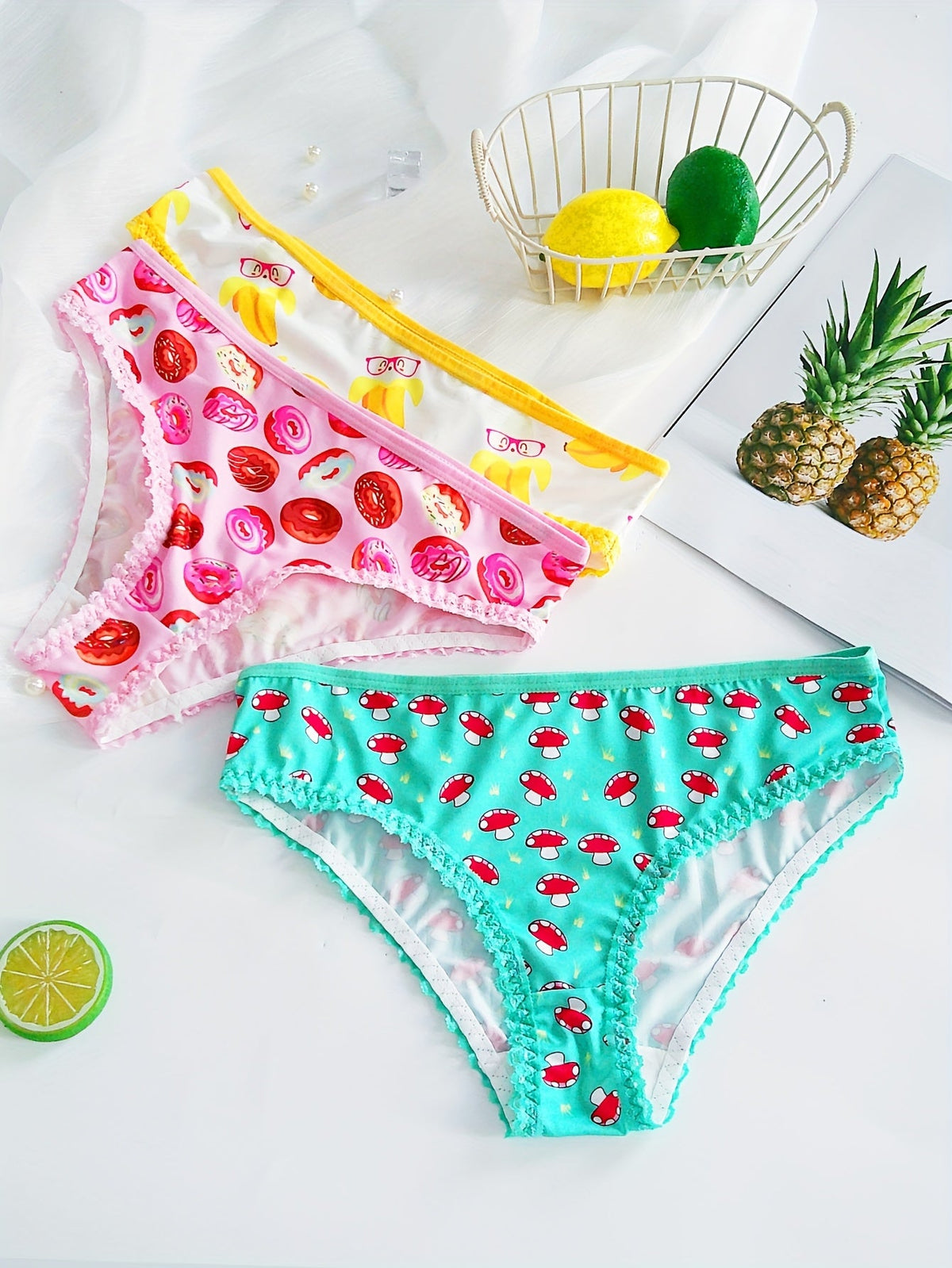 Pack of 3 Cute Fruit & Dessert Print  Multi-Color Low-Waist Briefs -2030