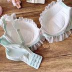 Flourish Pastel Pink Floral Embroidered Bra & Panty Set | Delicate Ruffle & Bow Design 022