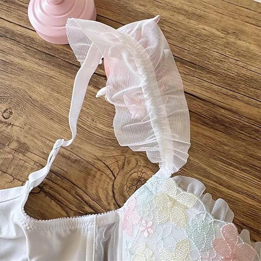 Flourish Pastel Pink Floral Embroidered Bra & Panty Set | Delicate Ruffle & Bow Design 022