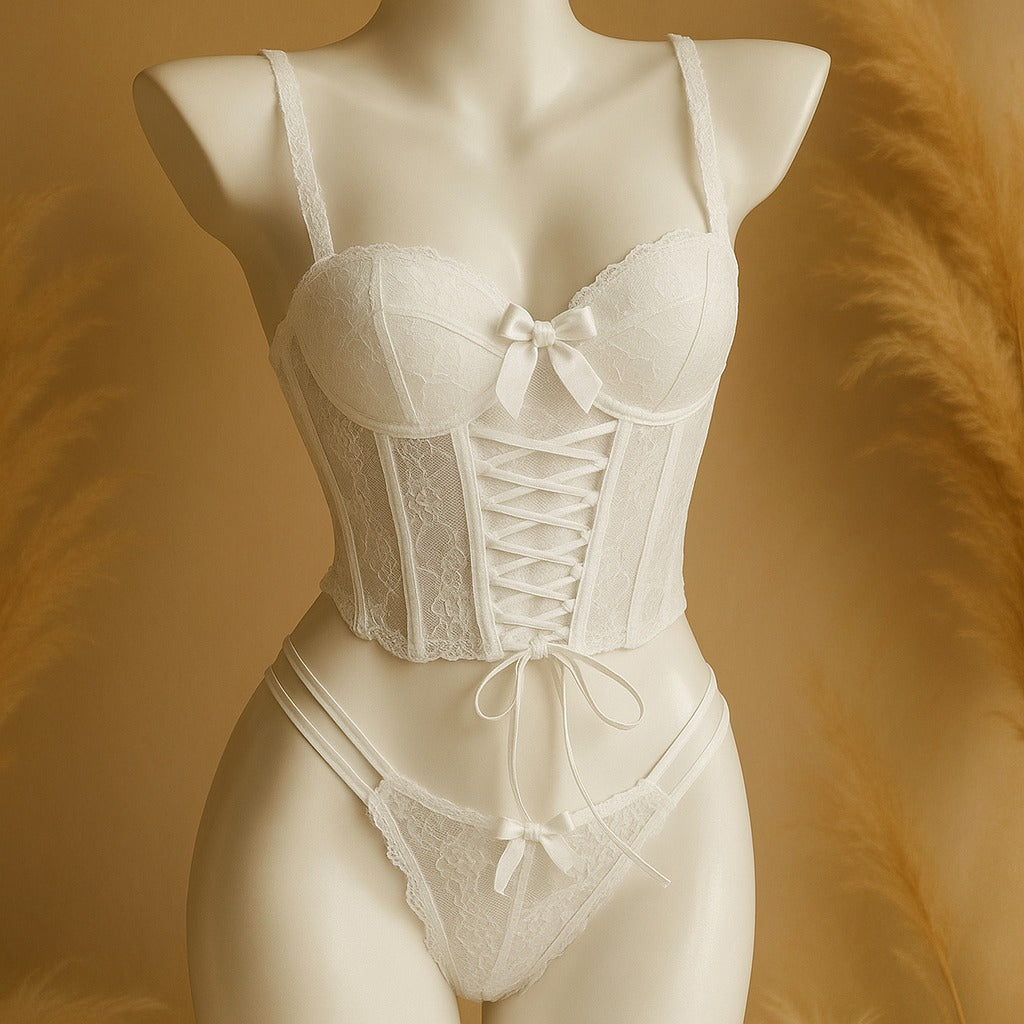 Lace Lingerie Set – Corset Style Bra & Panty with Adjustable Straps F12