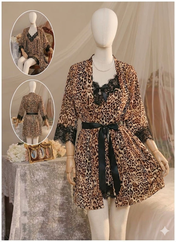 Shezaib Wild Grace: 2-Piece Leopard Print Satin Robe & Chemise Set - Art: 2502-1-K