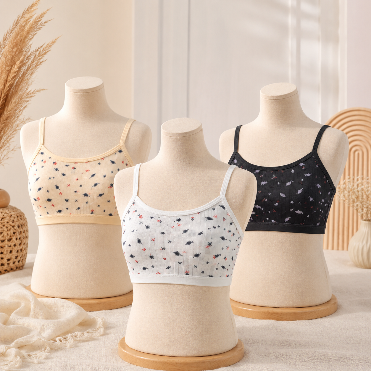 PACK OF 3 Girls' Printed Non-Padded Camisole Bra – Soft Stretch Everyday Training Bra | Pack of 3 | -K0087