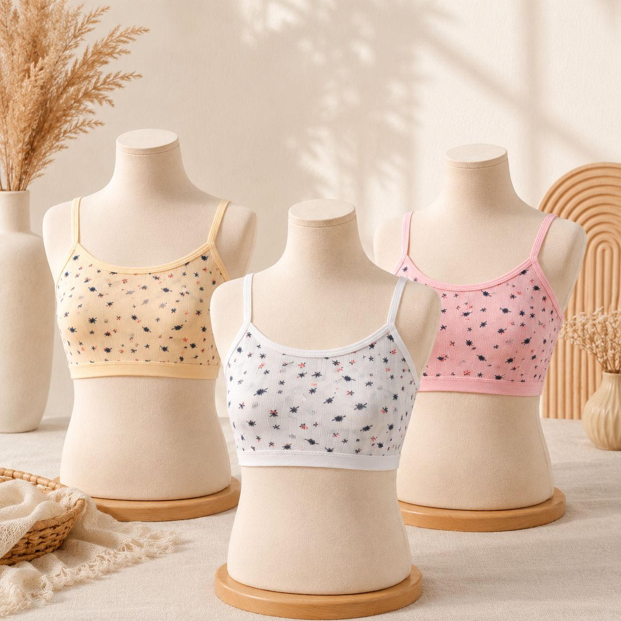 PACK OF 3 Girls' Printed Non-Padded Camisole Bra – Soft Stretch Everyday Training Bra | Pack of 3 | -K0087