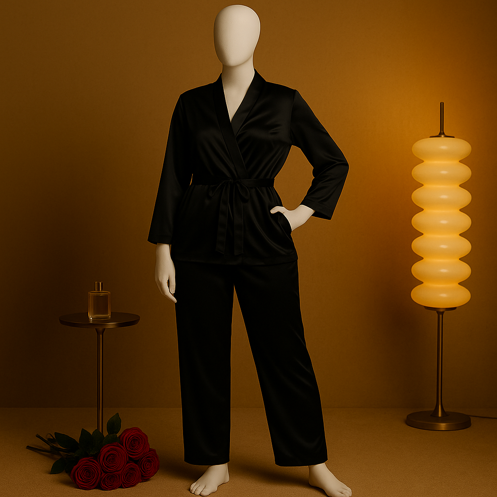 Shezaib Satin Robe Nightwear Set – Elegant Black 2-Piece Loungewear with Waist Belt