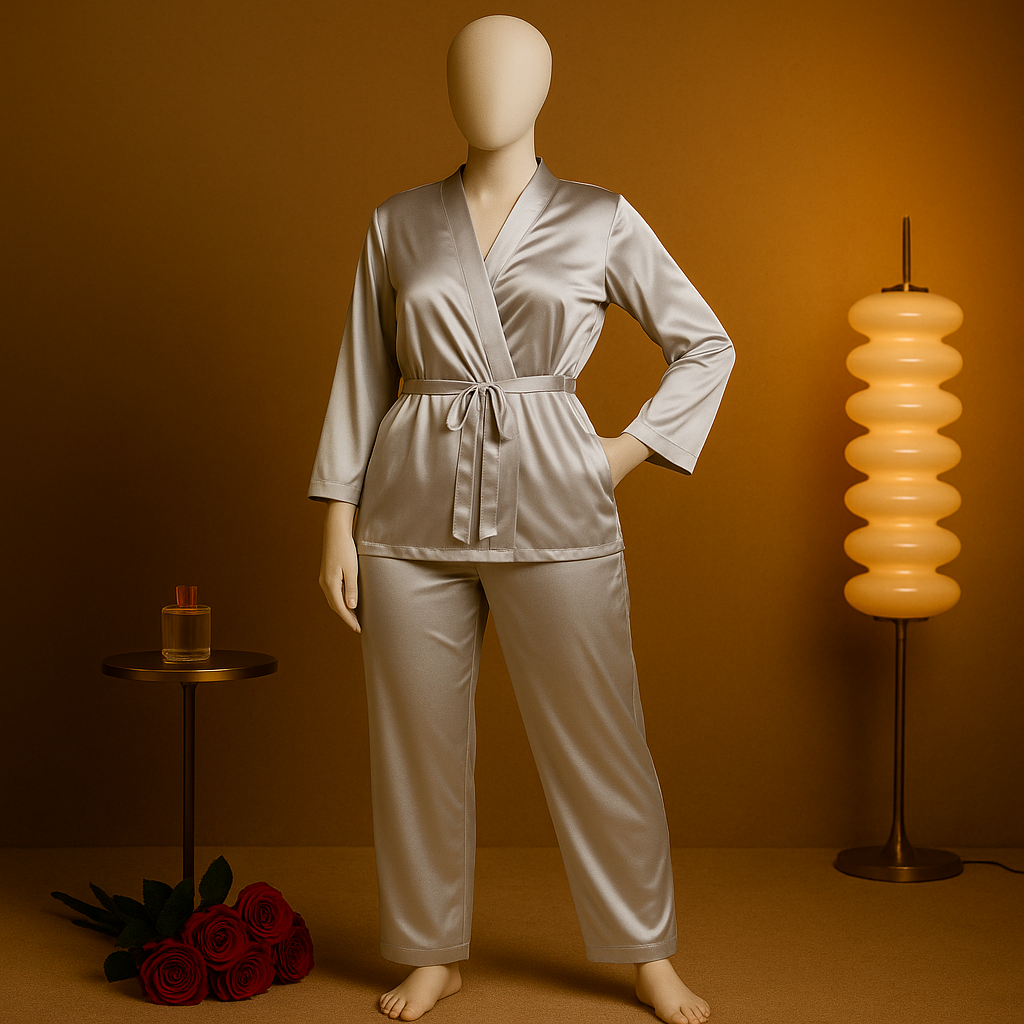 Shezaib Satin Robe Nightwear Set – Elegant Black 2-Piece Loungewear with Waist Belt