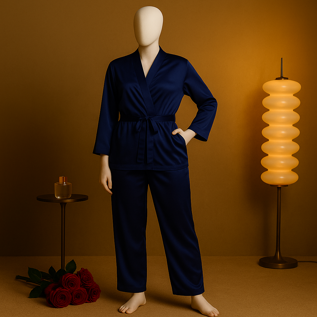 Shezaib Satin Robe Nightwear Set – Elegant Black 2-Piece Loungewear with Waist Belt