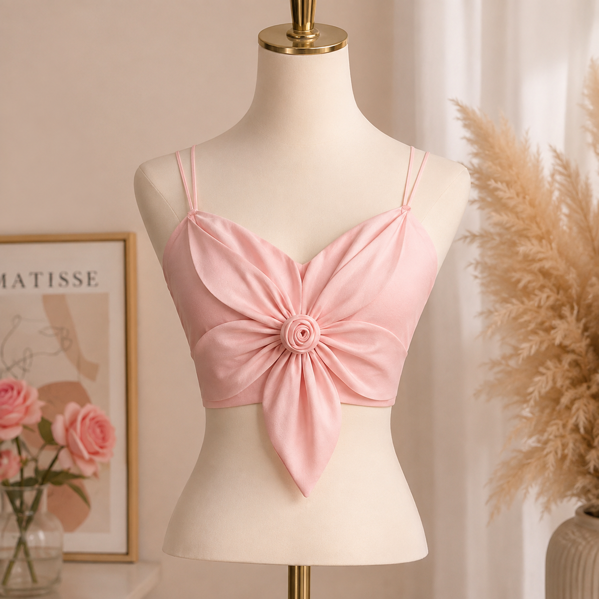 Shezaib Satin Big Bow Flower Bra Top – Soft Padded, Adjustable, Elegant Party Wear Top for Girls & Women