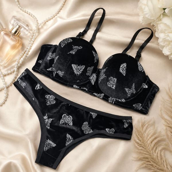 Shezaib Velvet Butterfly Print Bra & Panty Set – Soft Padded, Wired, Premium Lingerie for Girls & Women 8092