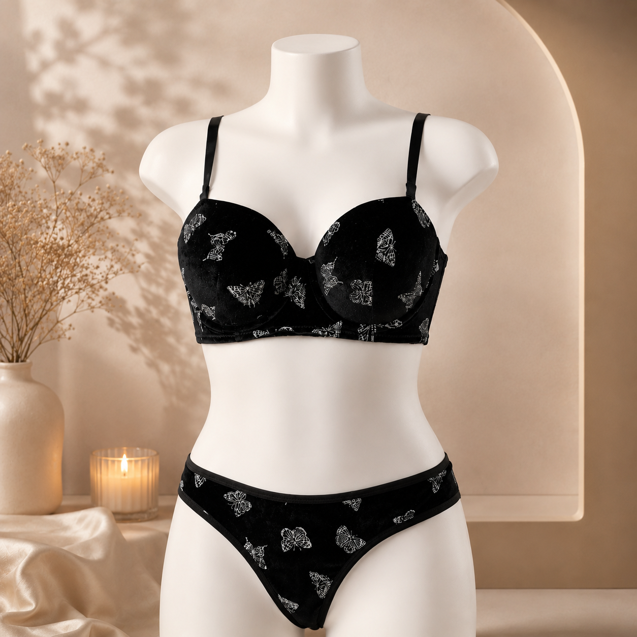 Shezaib Velvet Butterfly Print Bra & Panty Set – Soft Padded, Wired, Premium Lingerie for Girls & Women 8092