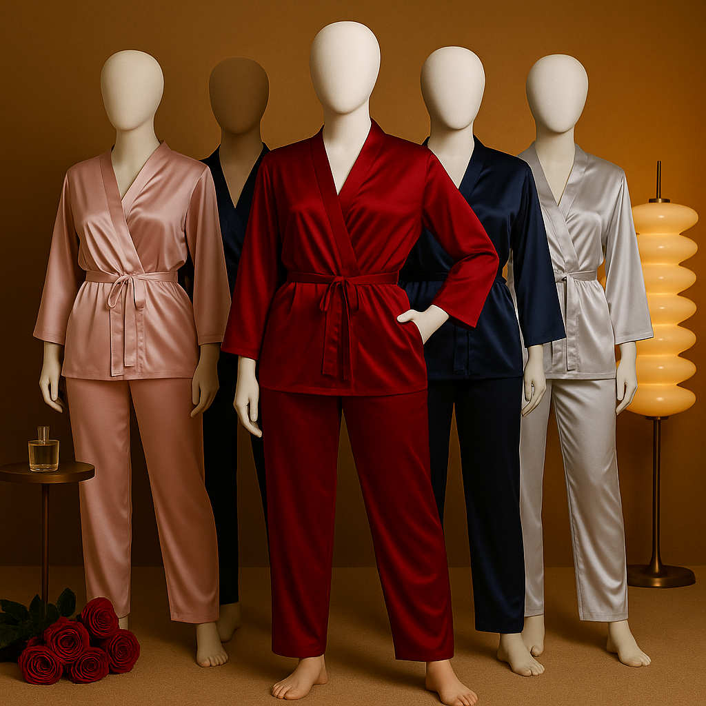 Shezaib Satin Robe Nightwear Set – Elegant Black 2-Piece Loungewear with Waist Belt