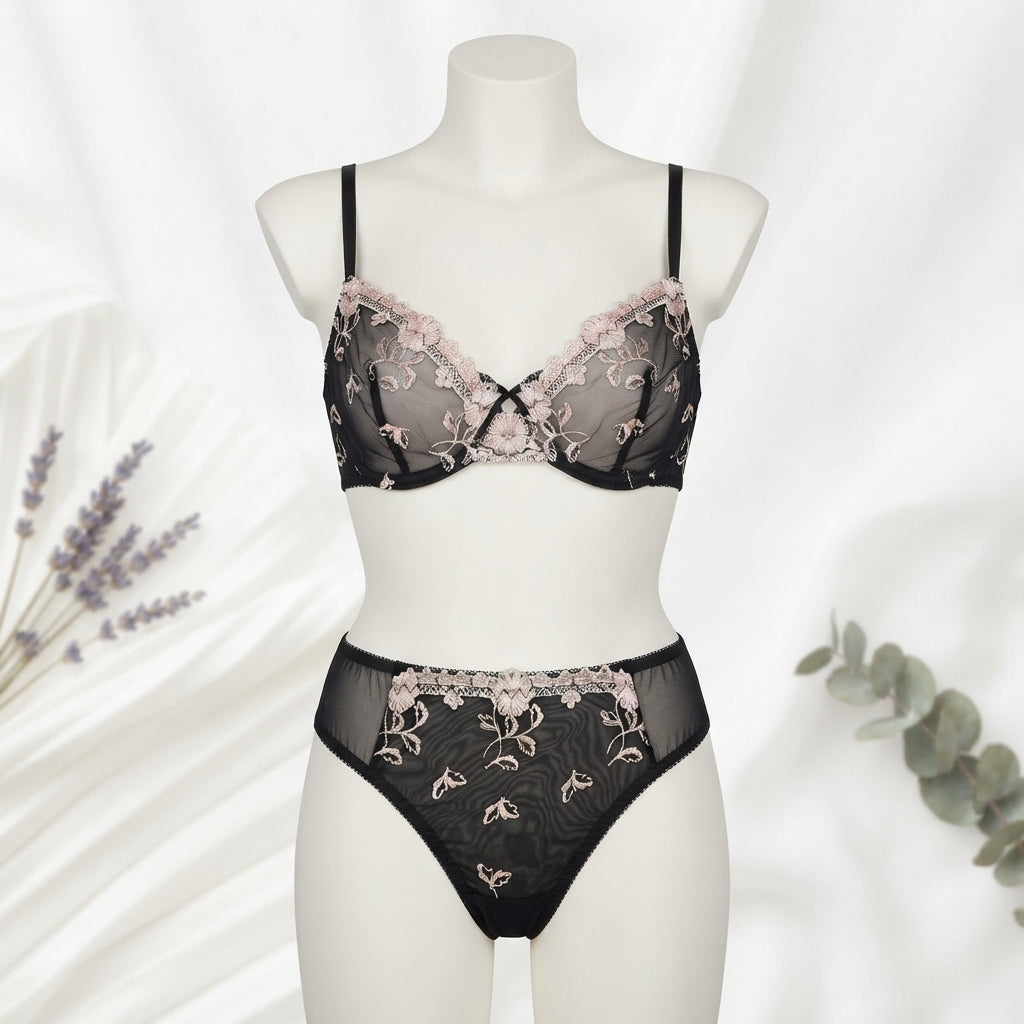 Elegant Non-Padded Floral Embroidered Mesh Bra & Panty Set -9980