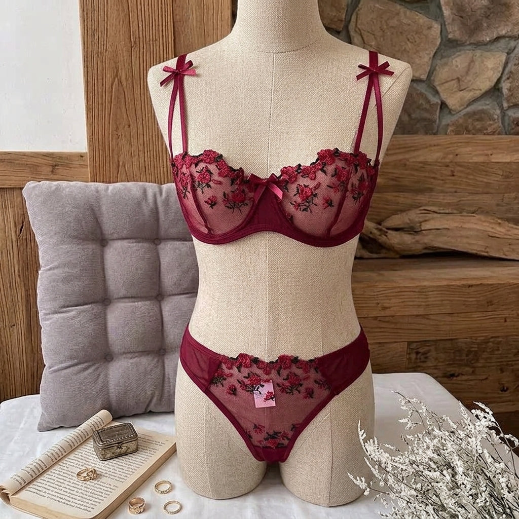 Floral Embroidered Mesh Lingerie Set – Romantic Red or Pretty Pink-20387