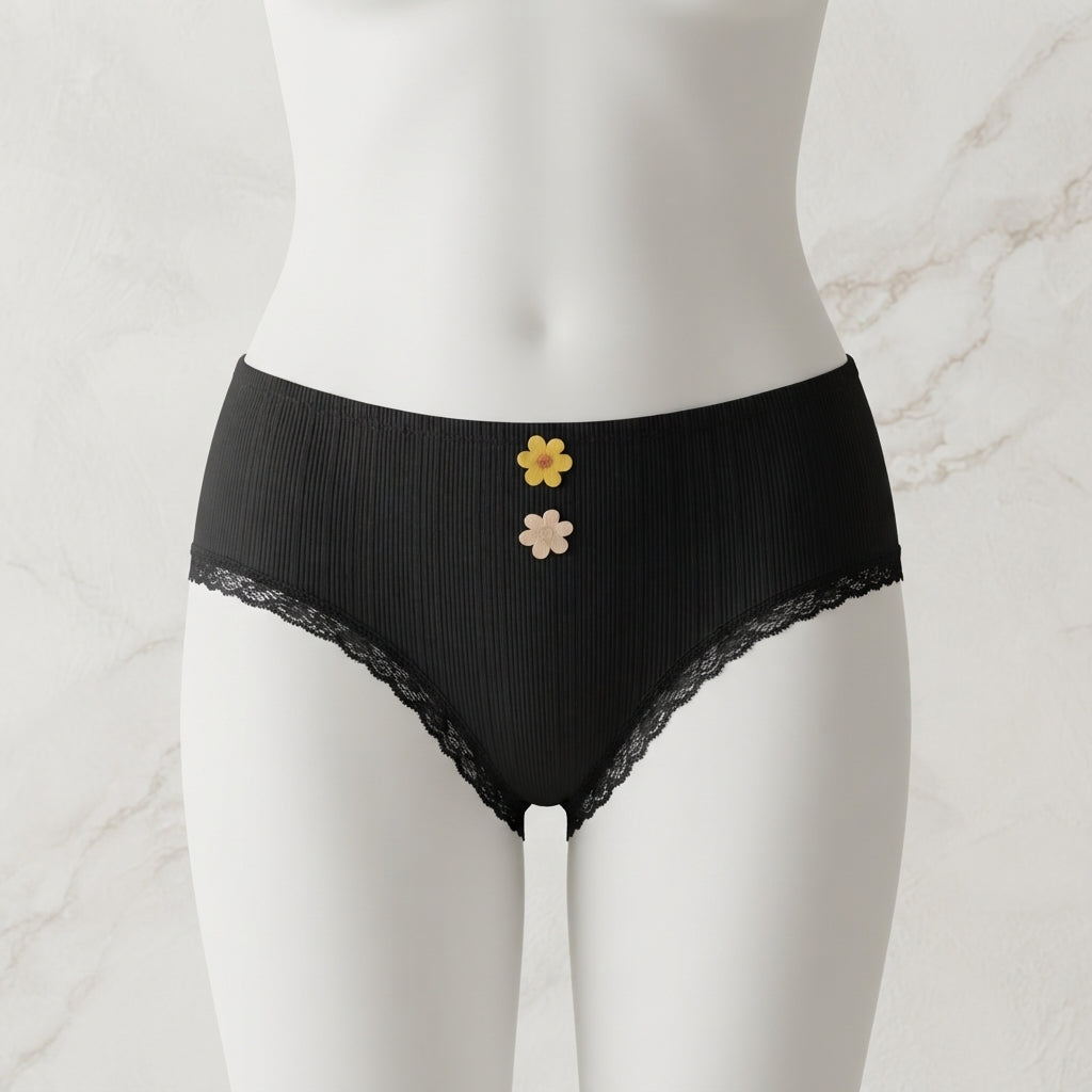 Pack of 3 Aesthetic Ribbed Cotton Panties with Floral Accents -6002