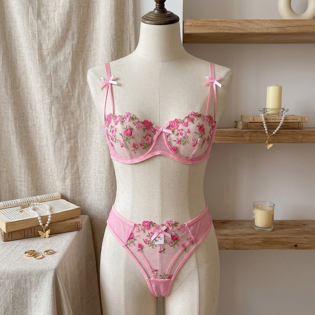 Floral Embroidered Mesh Lingerie Set – Romantic Red or Pretty Pink-20387