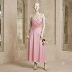Blush Pink Satin Long Nightdress with Asymmetrical Lace