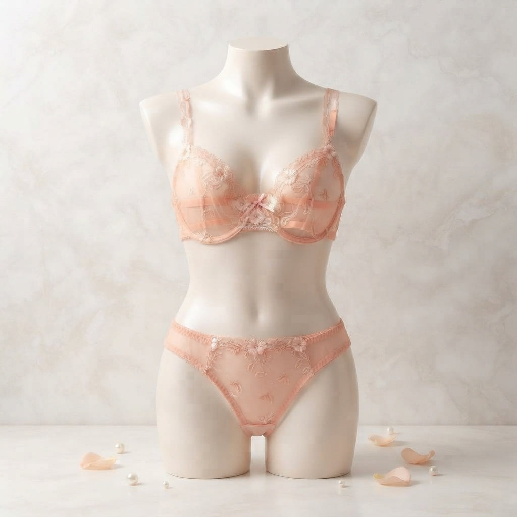 Elegant Non-Padded Floral Embroidered Mesh Bra & Panty Set -9980