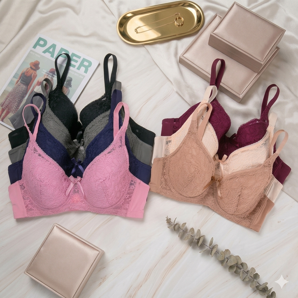 Shezaib Pack of 3 Light Padded Lace Bra– Comfortable Everyday Support Bra for Women