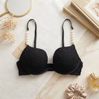 Luxury Pearl-Strap Lace Padded Bra Black -9091